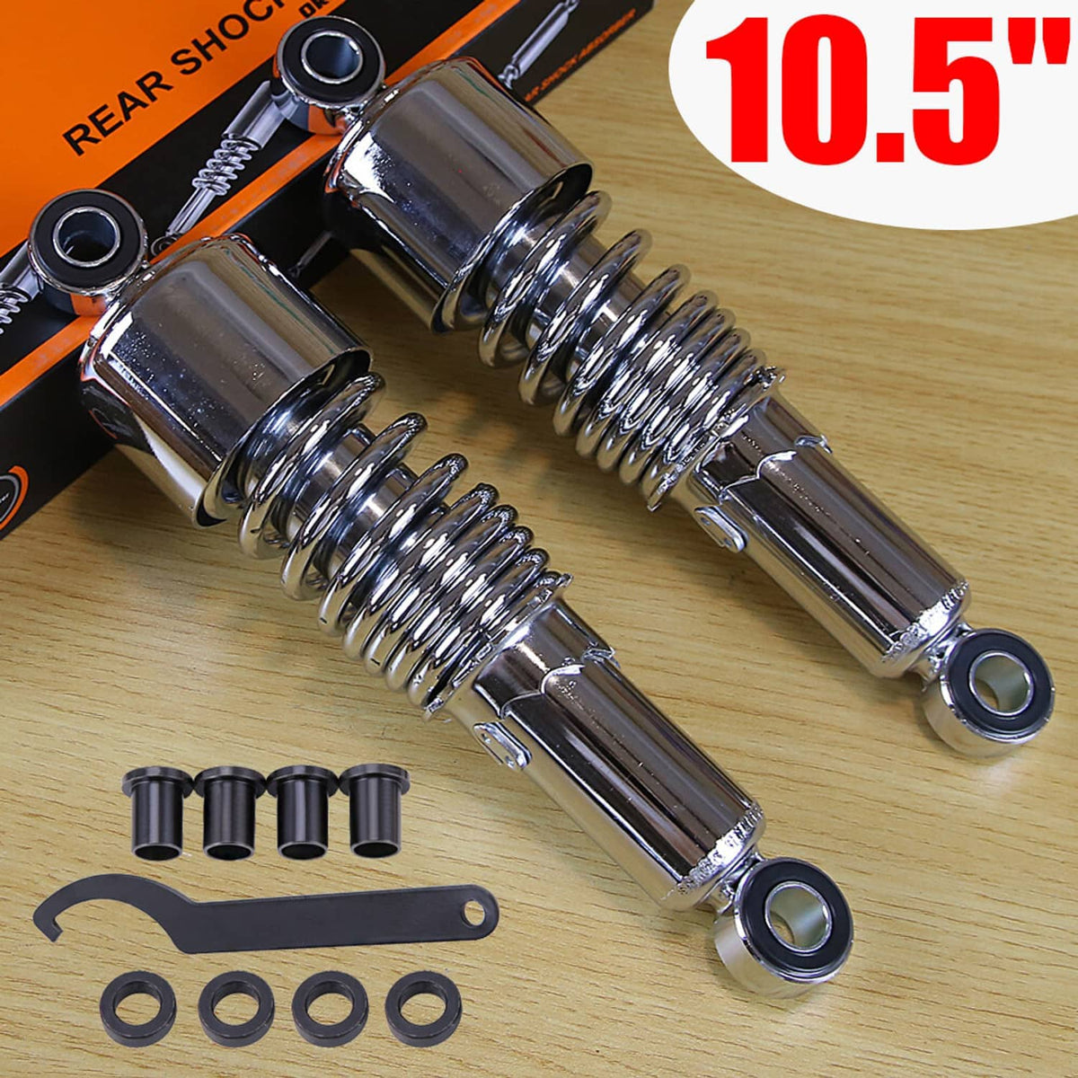 Chrome rear shock absorbers with coiled springs and included hardware shown