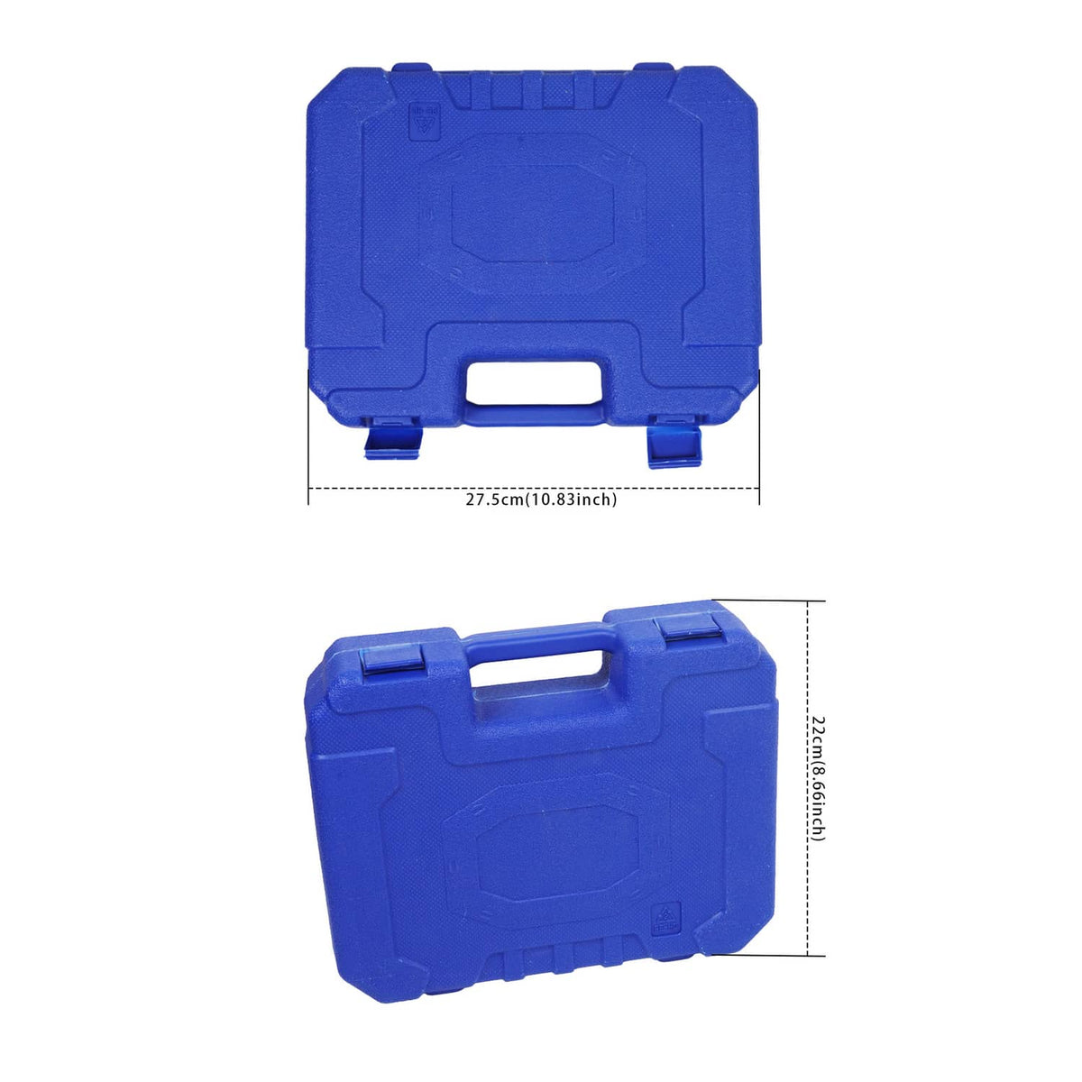Blue plastic case for vacuum pump tester with molded compartments