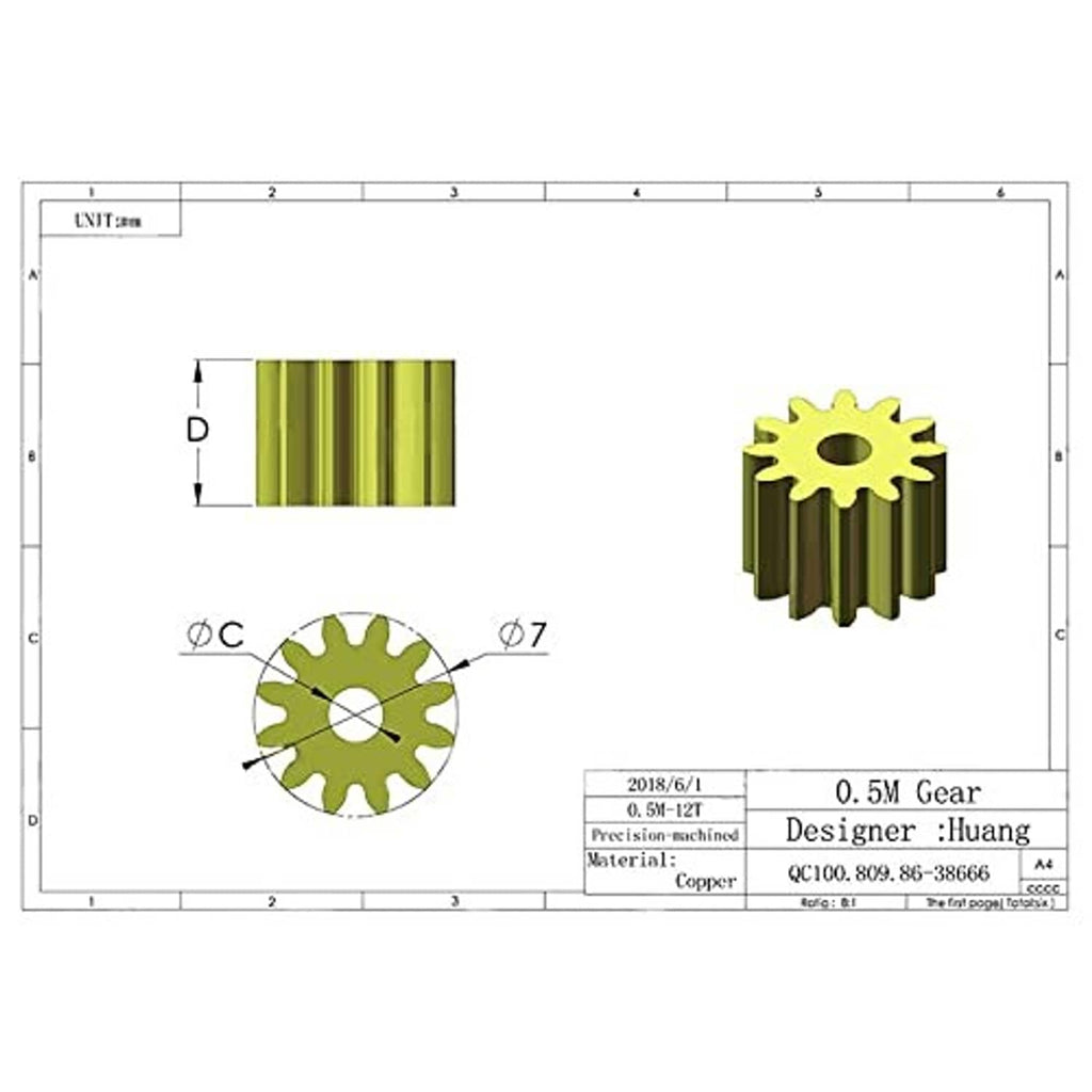 Technical diagram of 0.5 module 12-tooth copper gear with 3 mm bore dimensions