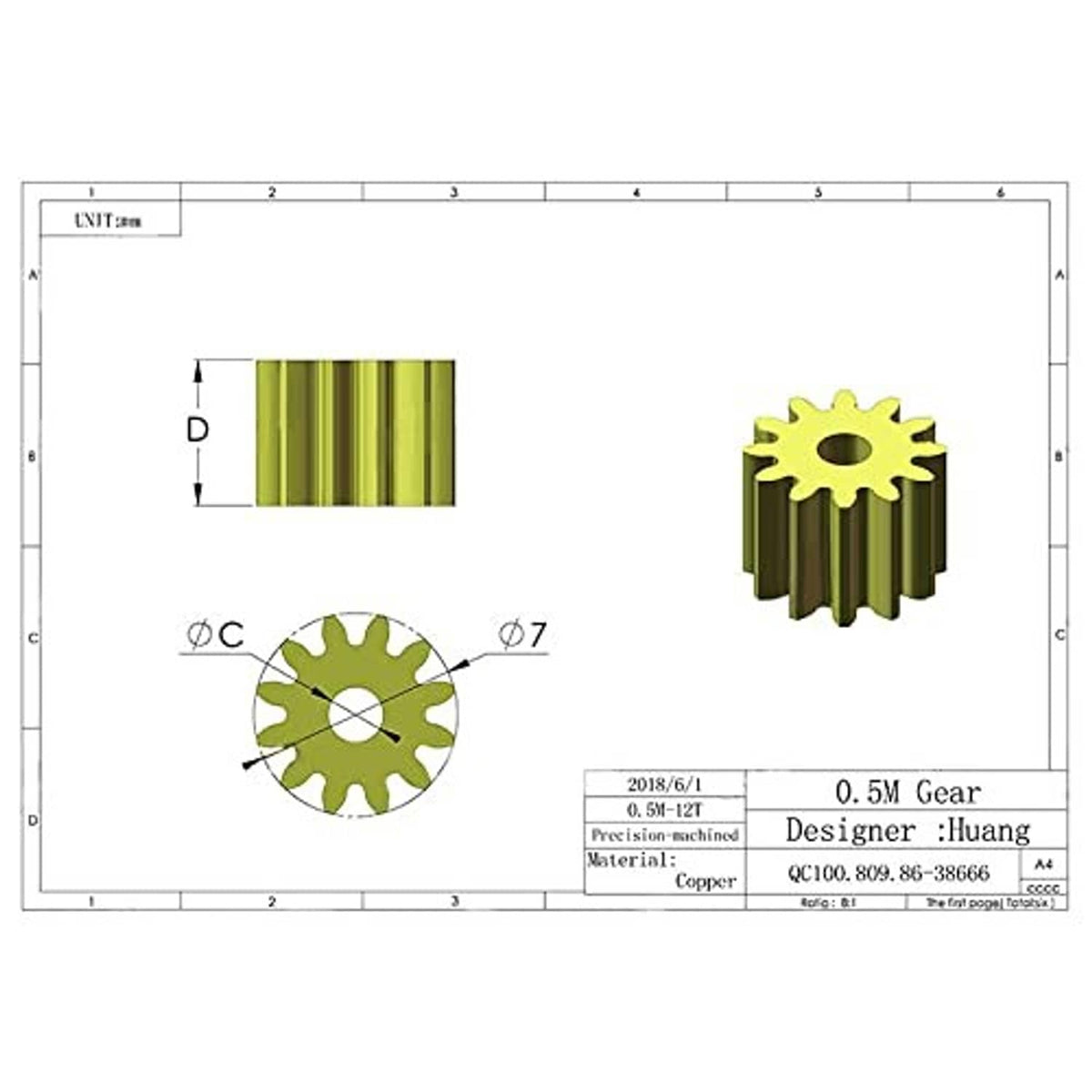 Technical diagram of 0.5 module 12-tooth copper gear with 3 mm bore dimensions