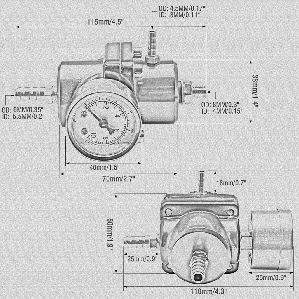 Adjustable fuel pressure regulator with built-in gauge, shown with labeled dimensions