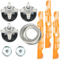 Mower spindle pulley and belt kit with gray belt, orange blades, and two pulleys
