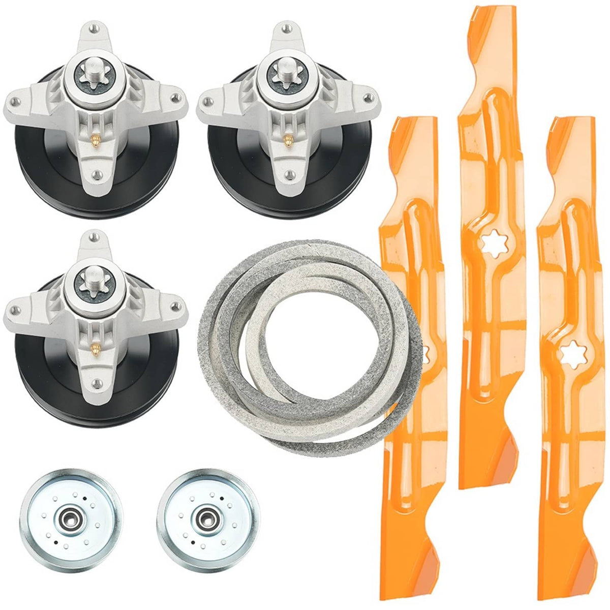Mower spindle pulley and belt kit with gray belt, orange blades, and two pulleys