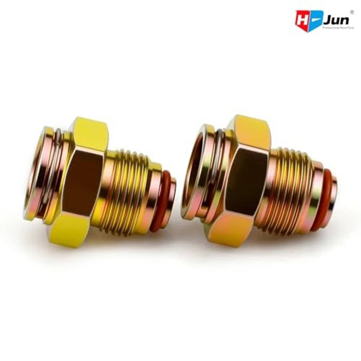 Two brass radiator line fittings with hex nuts, orange gaskets, threaded ends, side view
