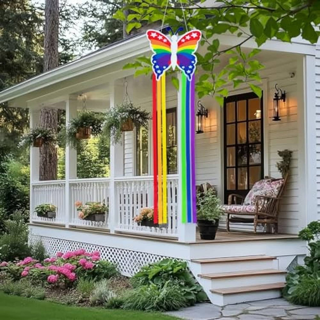 Outdoor hanging butterfly windsock with rainbow ribbon tails and red star wings
