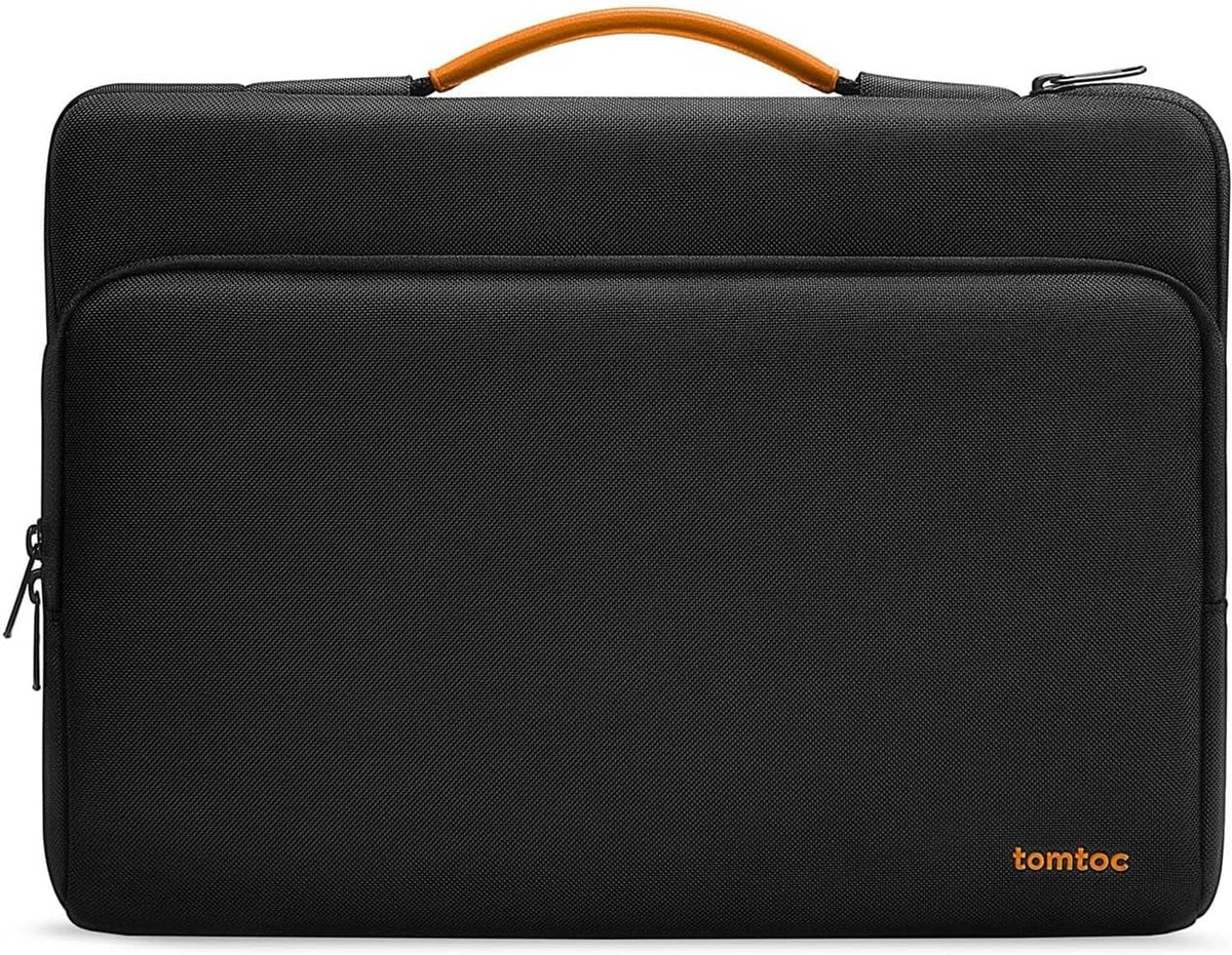 Black 360 laptop carrying case with orange top handle and front zip pocket, tomtoc.