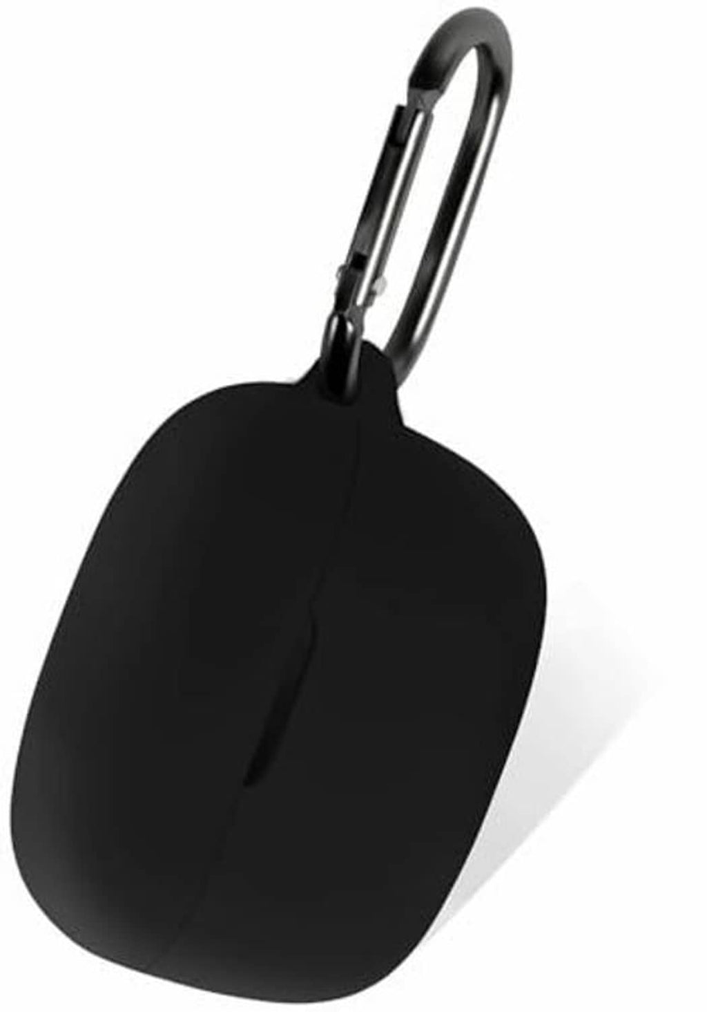 Black silicone earbud case with keyring loop, oval shape, hinged lid