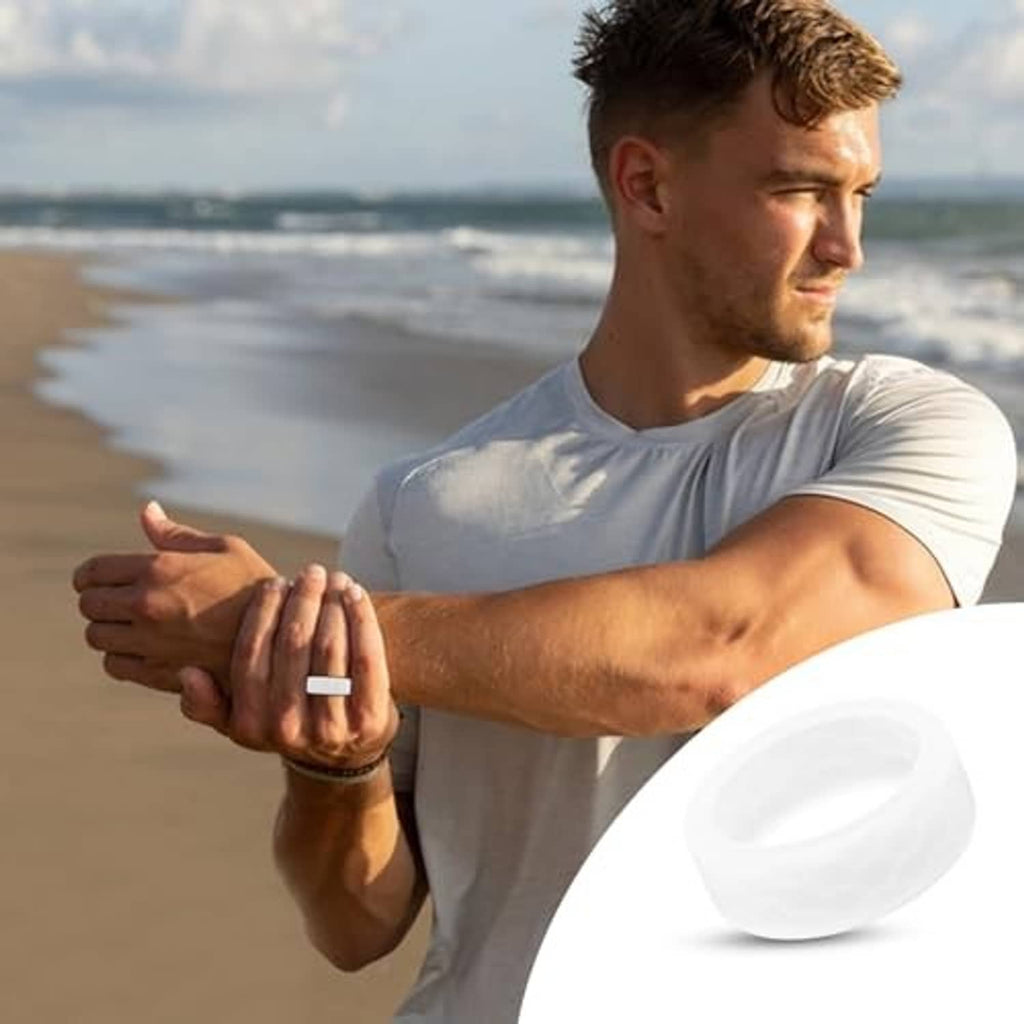 Ring protector cover on wrist, clear cover with a dark outer band