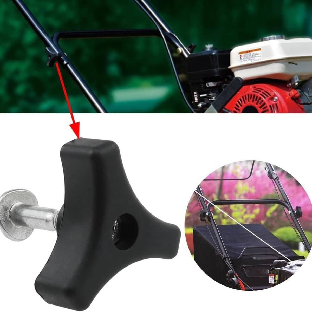 Black plastic mower handle bolt with silver axle screw, inset detail view