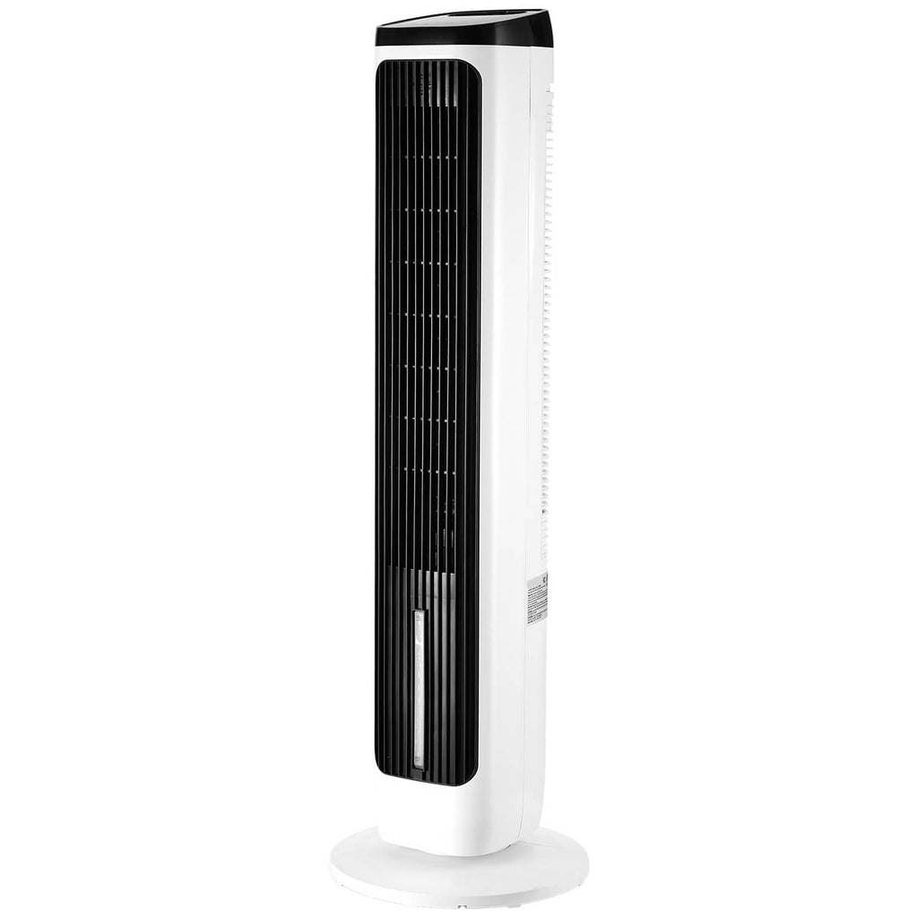 White tower fan with black front grille and round base stand