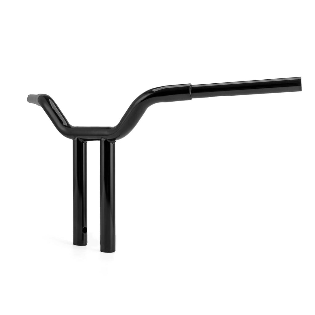 Black T-bar motorcycle handlebar with tall central riser posts and horizontal grip ends