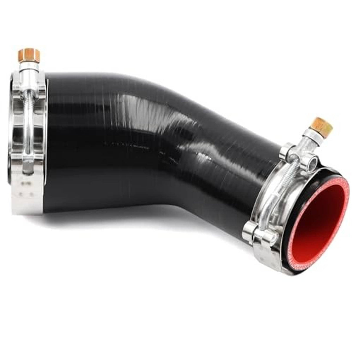 45° silicone hose elbow coupler reducer with red inner lining and two stainless mounting bands