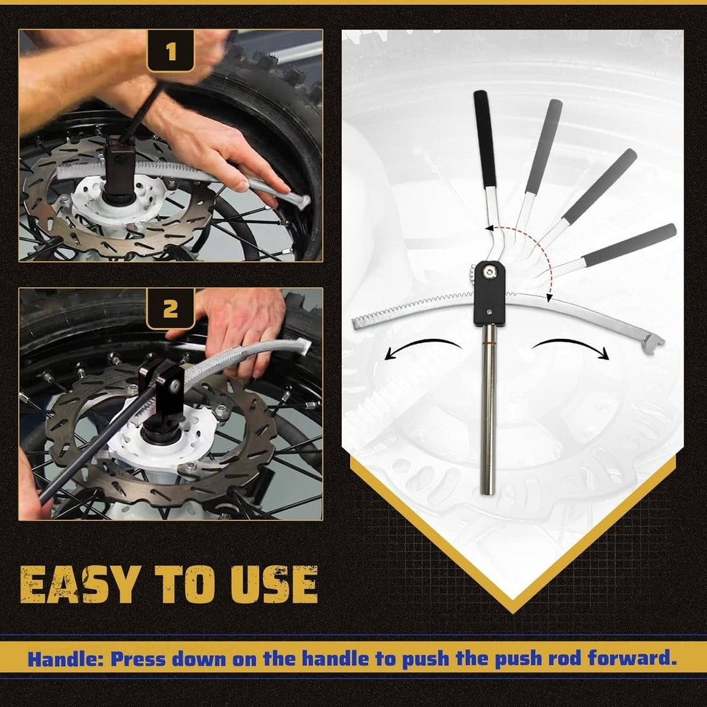 Tire changing tool with long rods and press handle for removing and fitting wheel tires