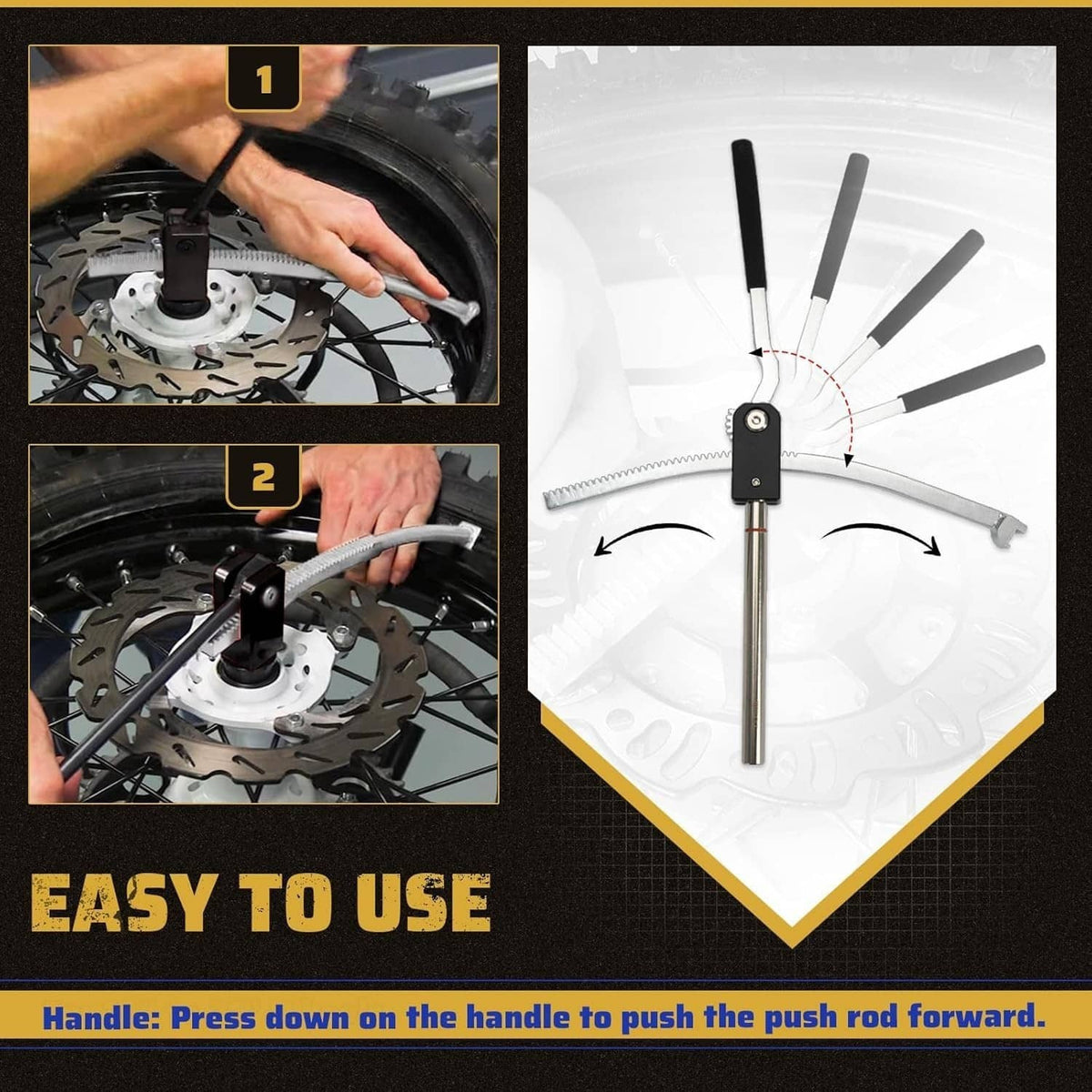 Tire changing tool with long rods and press handle for removing and fitting wheel tires