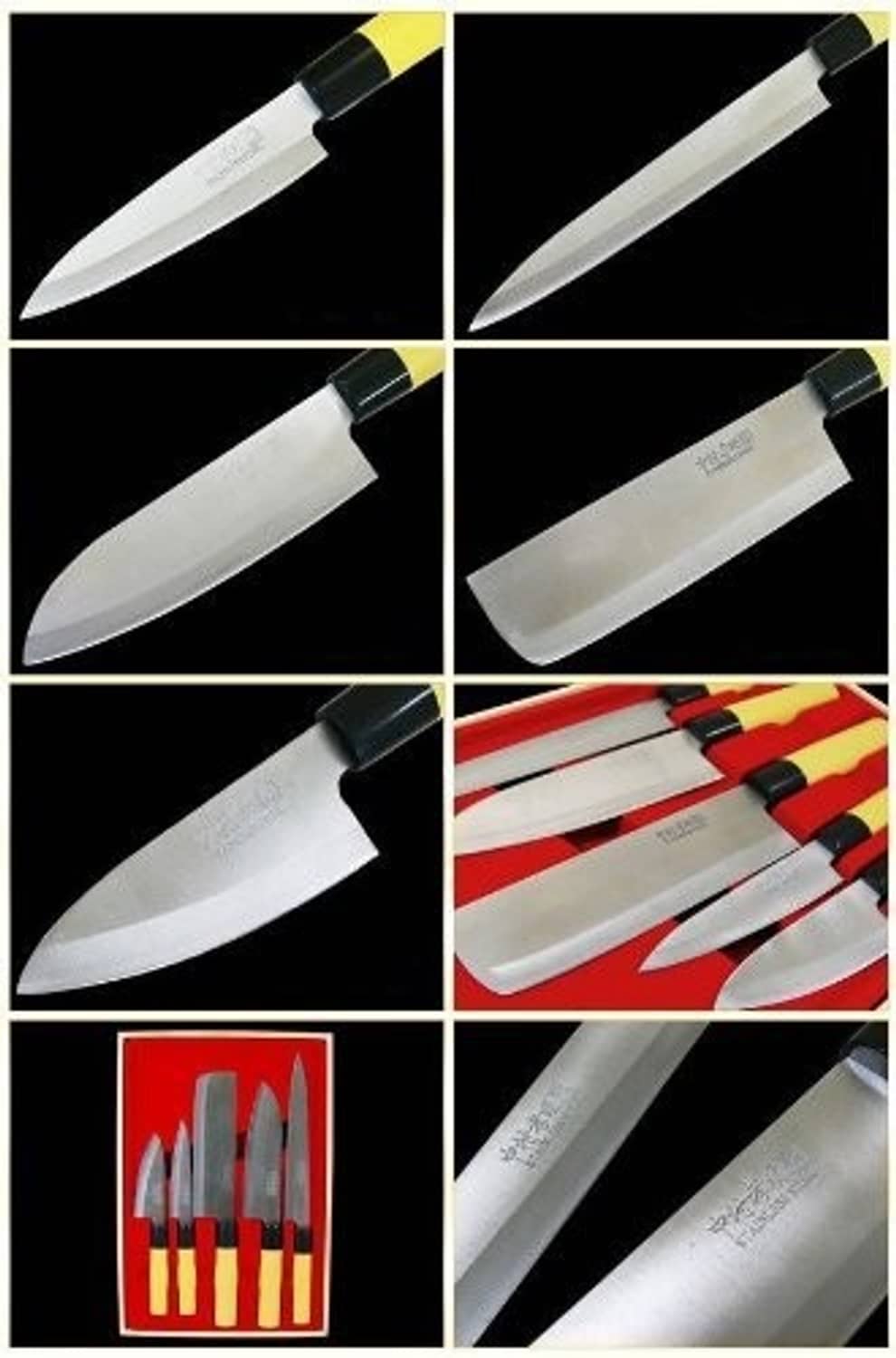 Collage of Japanese kitchen knife angles, including blade close-ups and boxed set