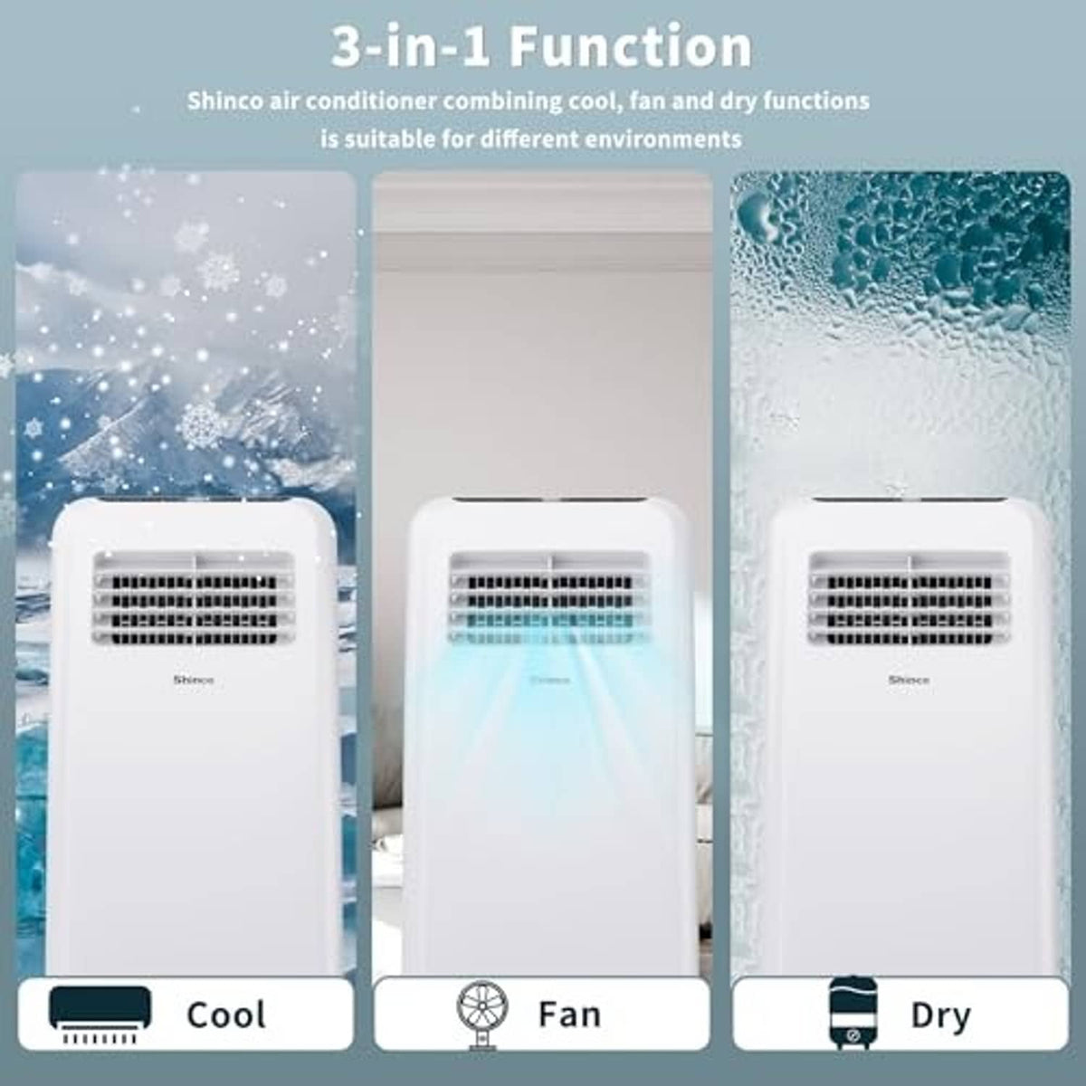 Three white portable air conditioner units showing cool, fan, and dry modes
