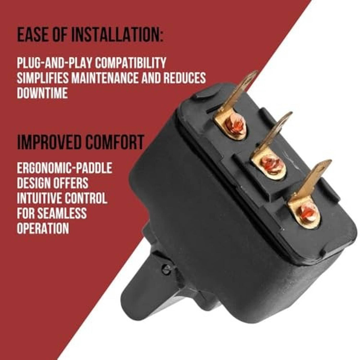 Black remote trim tilt paddle switch angled view with three brass terminals