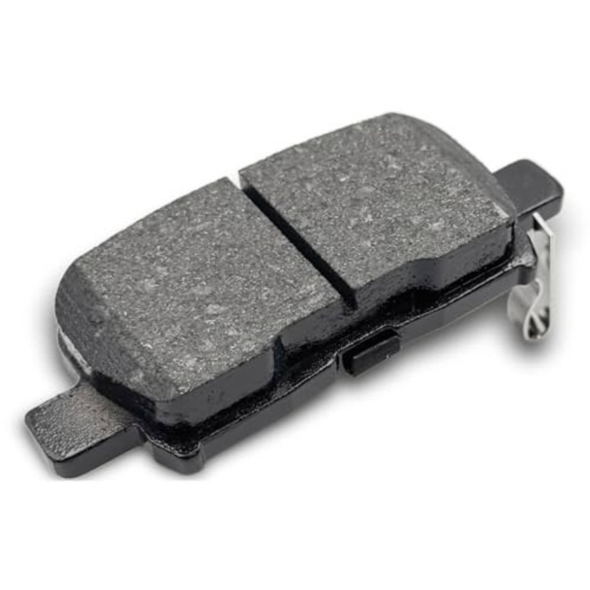 Close-up pair of dark gray ceramic brake pads with black divider and metal clips
