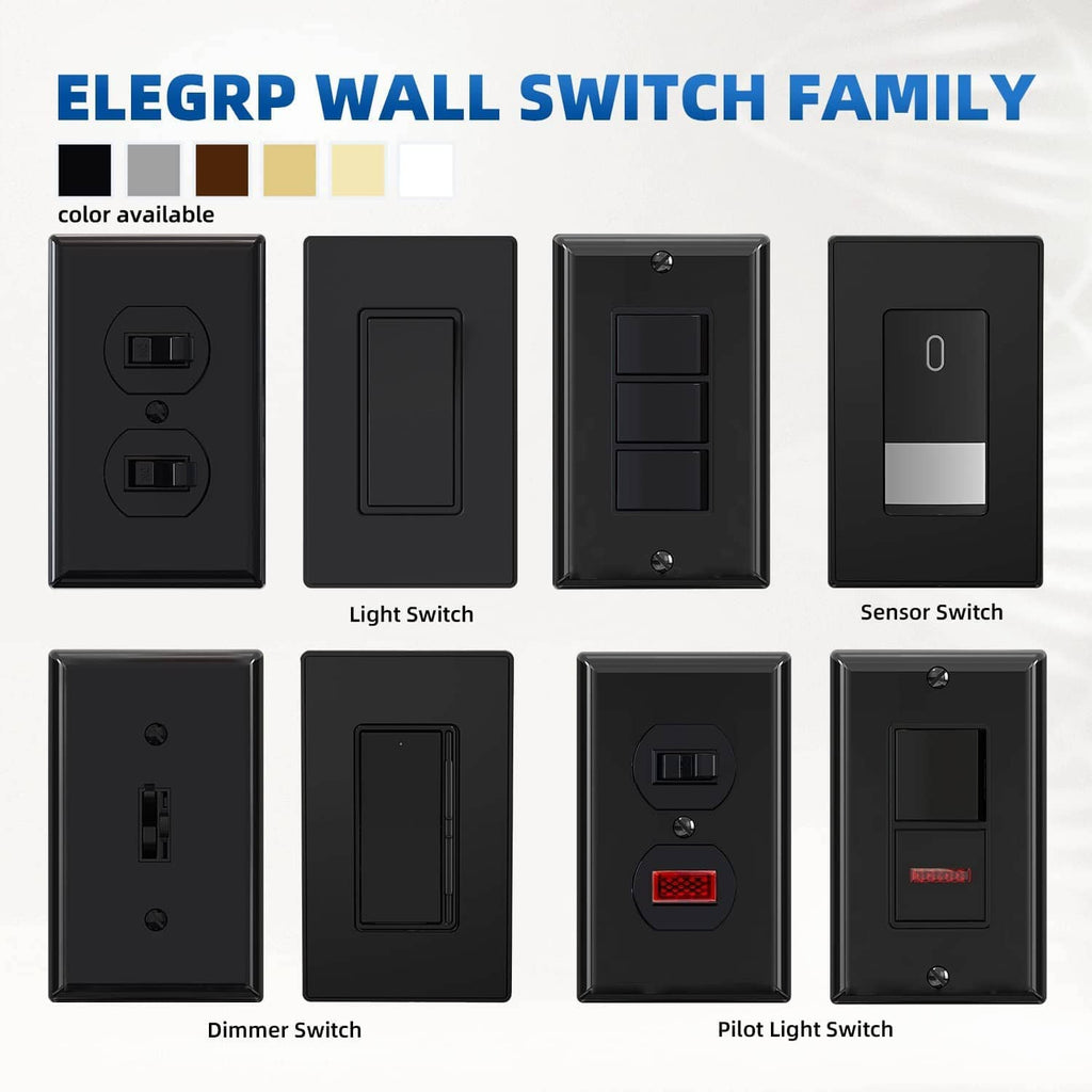 Matte black wall switch family collection with various switch types and plates