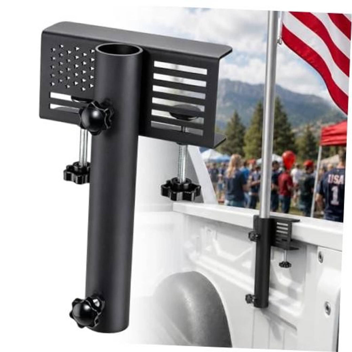 Black adjustable truck flag pole mount kit with side clamp and bracket.