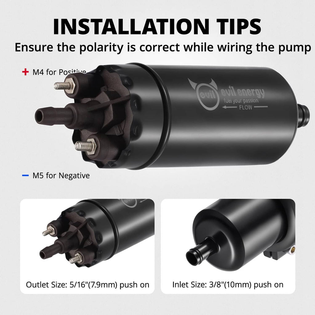 Black EVIL ENERGY inline electric fuel pump with electrical terminals and push-on fittings
