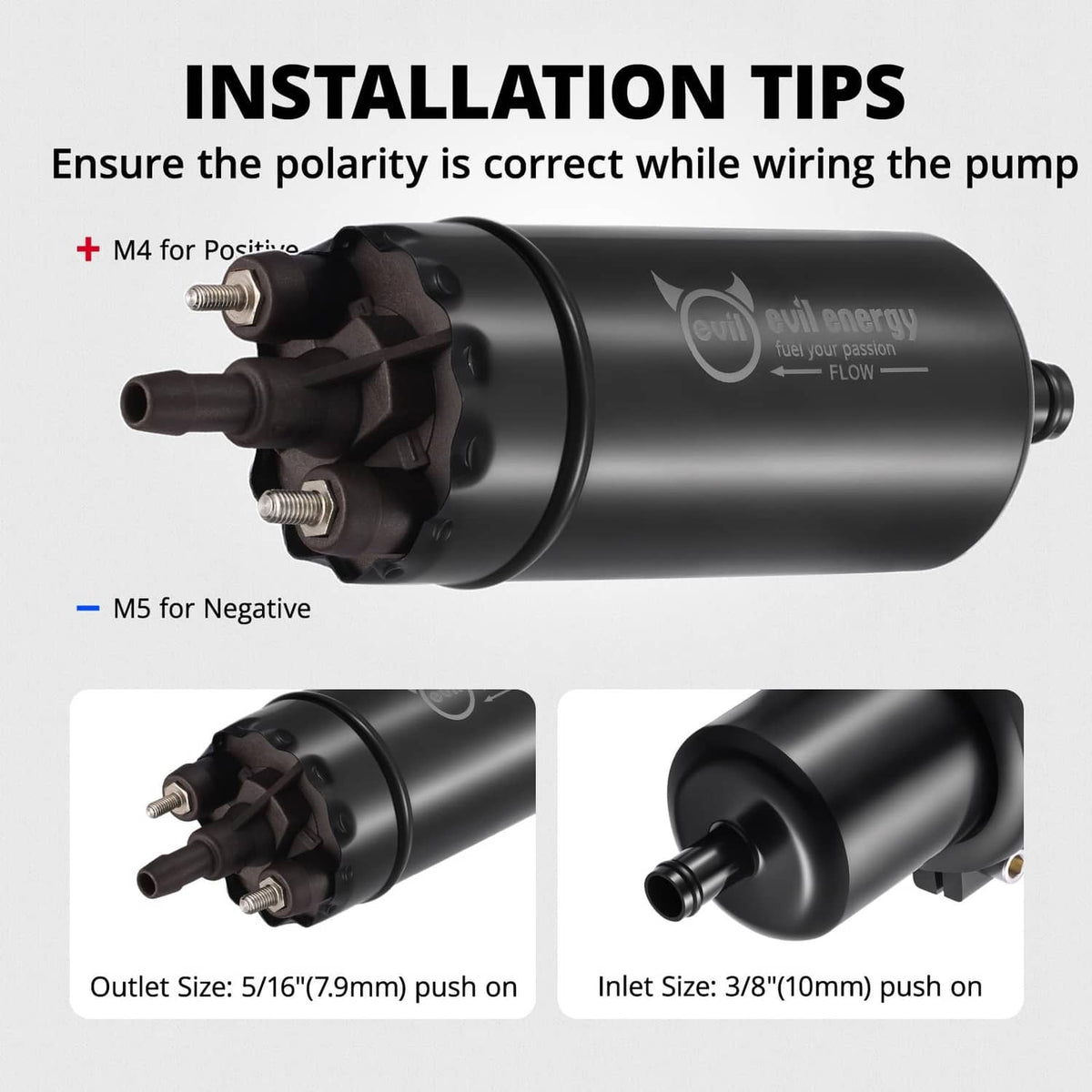 Black EVIL ENERGY inline electric fuel pump with electrical terminals and push-on fittings