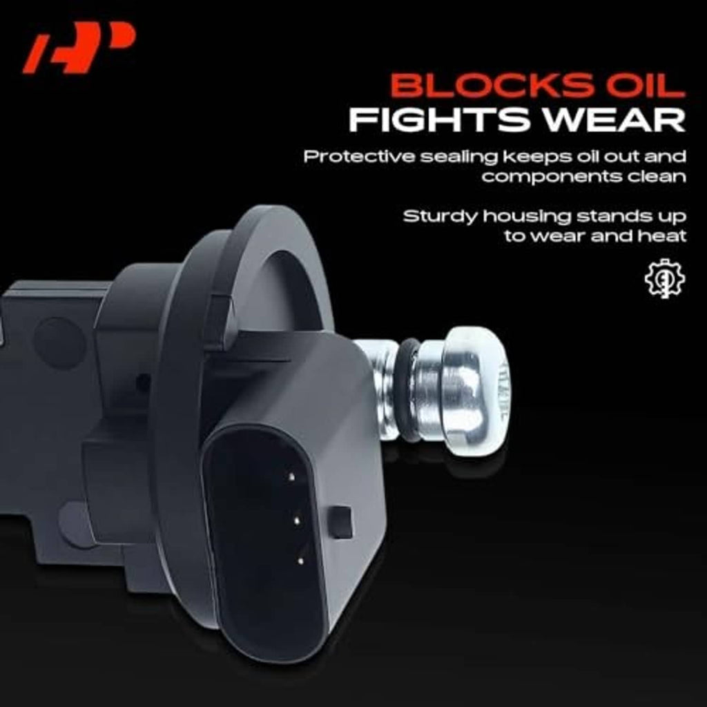 Camshaft position sensor with black housing and silver metal terminal on side view