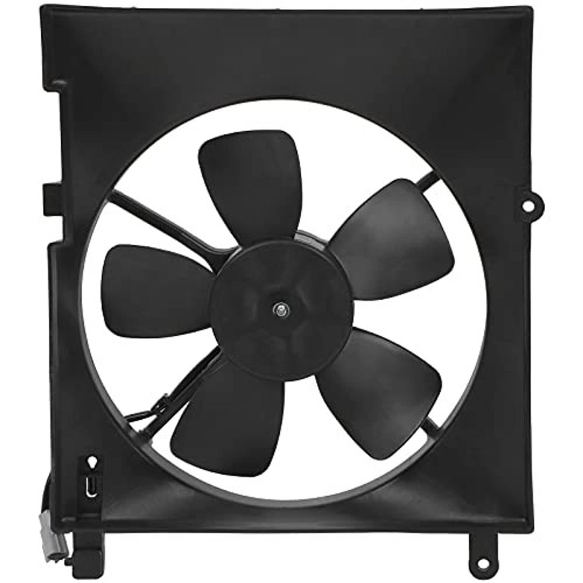 Radiator cooling fan assembly with five black blades on square mounting frame