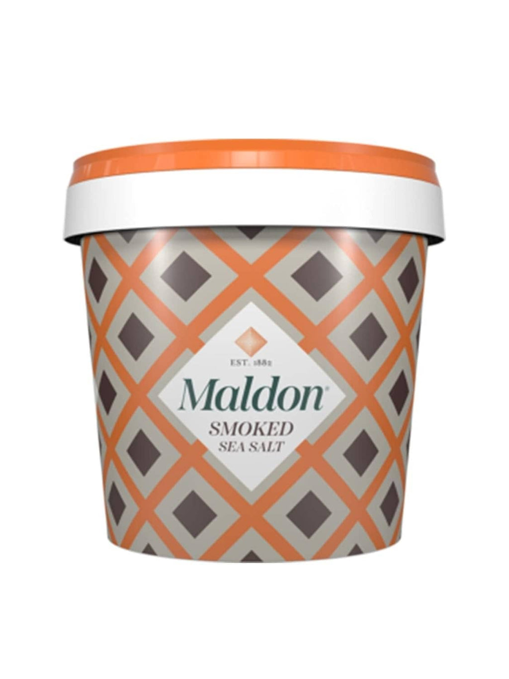 Smoked sea salt flakes bulk tub with Maldon logo and orange lid