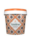 Smoked sea salt flakes bulk tub with Maldon logo and orange lid