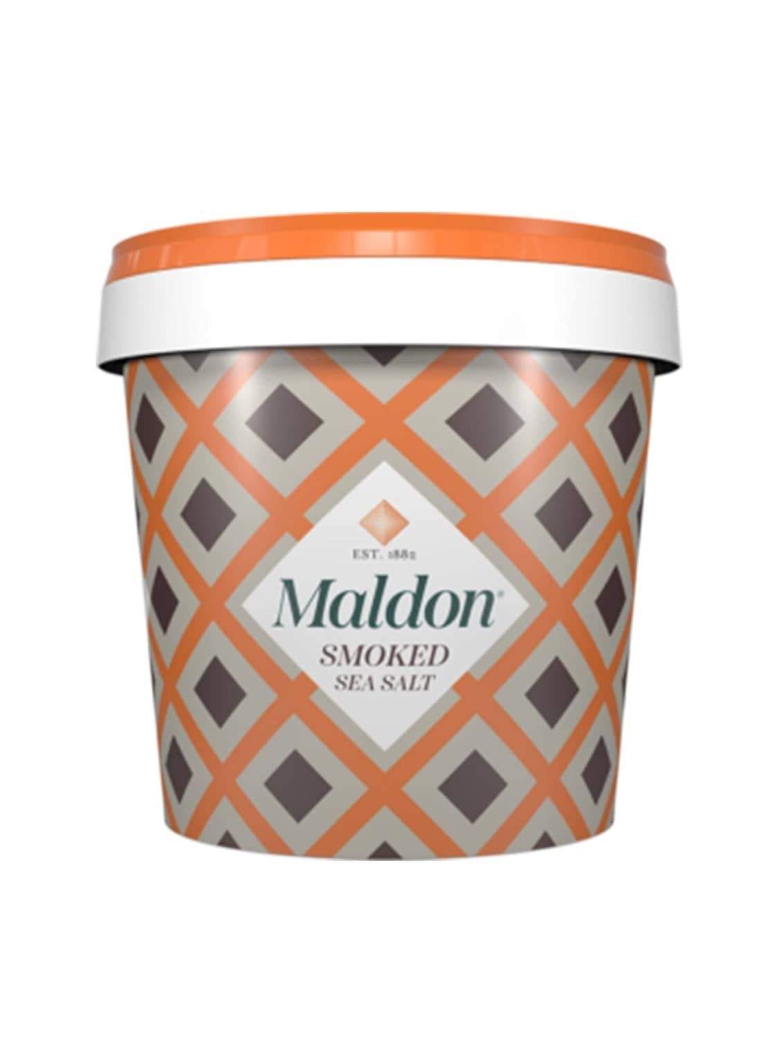 Smoked sea salt flakes bulk tub with Maldon logo and orange lid