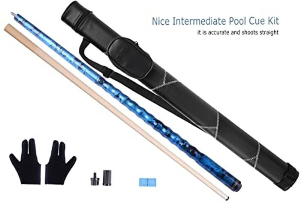 Pool cue stick kit with blue cue, black hard case, gloves, and small tools.
