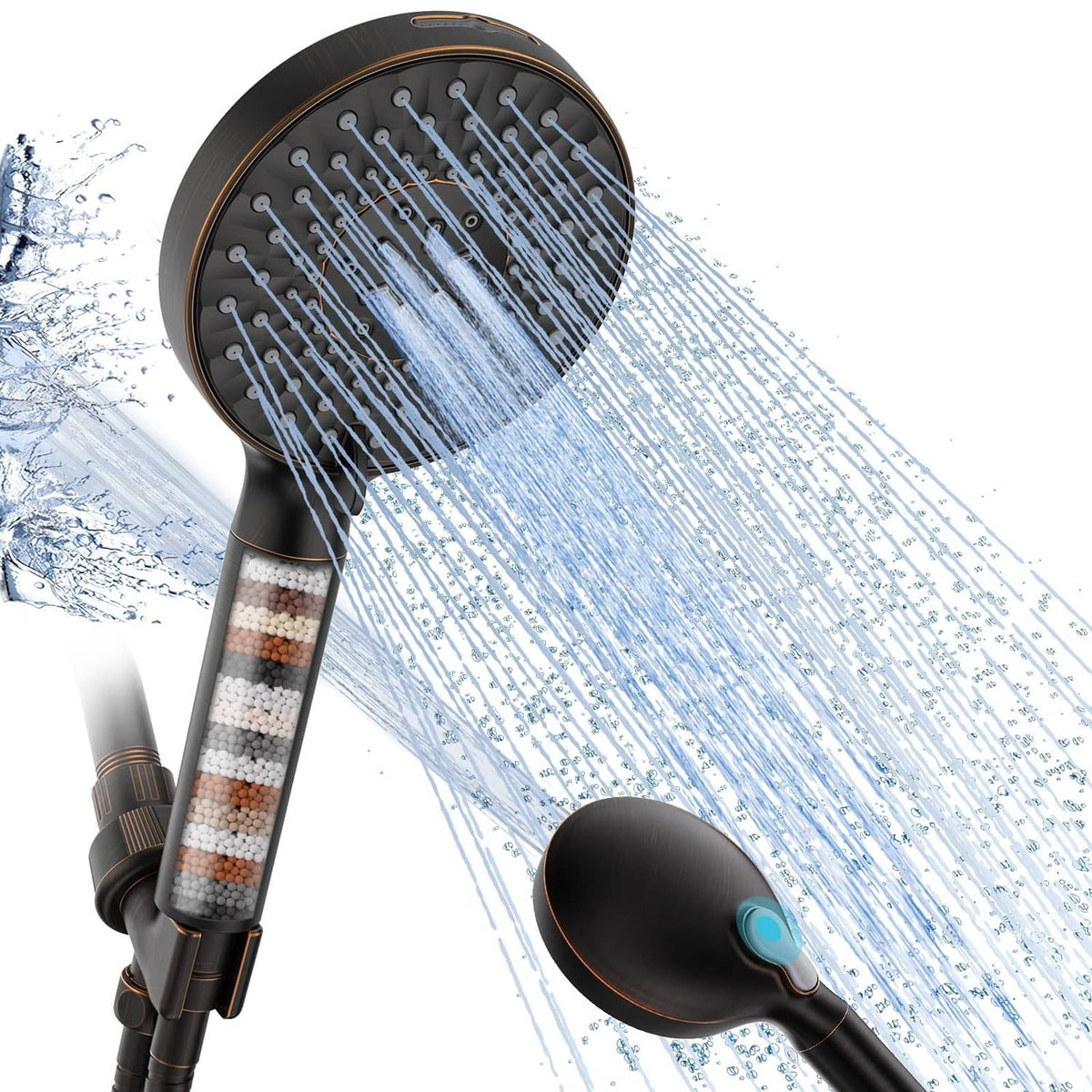 Oil-rubbed bronze handheld filtered showerhead with spray water stream