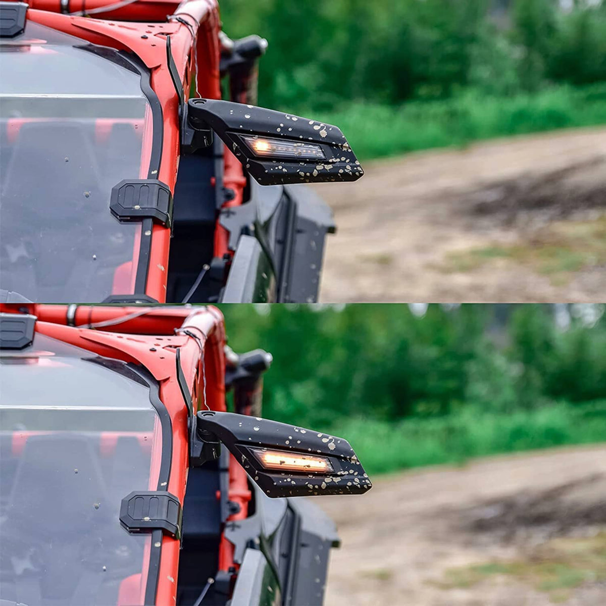 Black UTV LED rearview mirrors with amber lights on, mounted to vehicle side