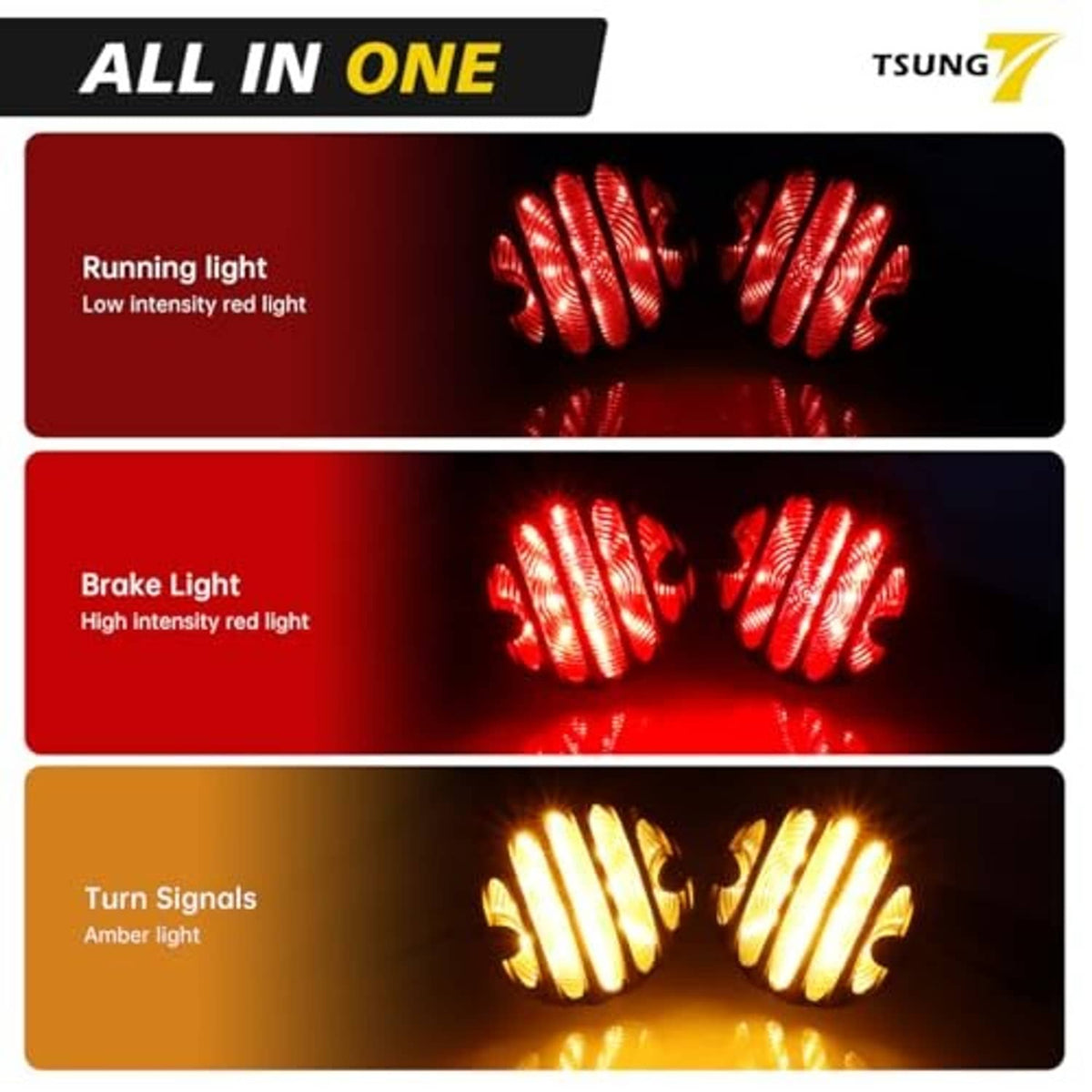 Universal motorcycle LED light kit showing red running, red brake, and amber turn signals