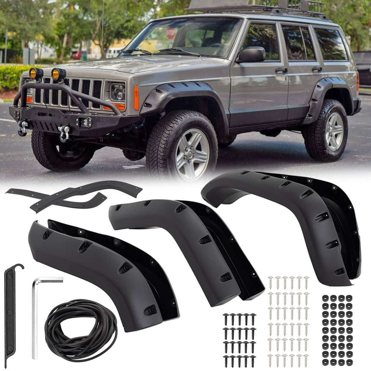 Black fender flares on Jeep-style SUV with replacement flare pieces and screws