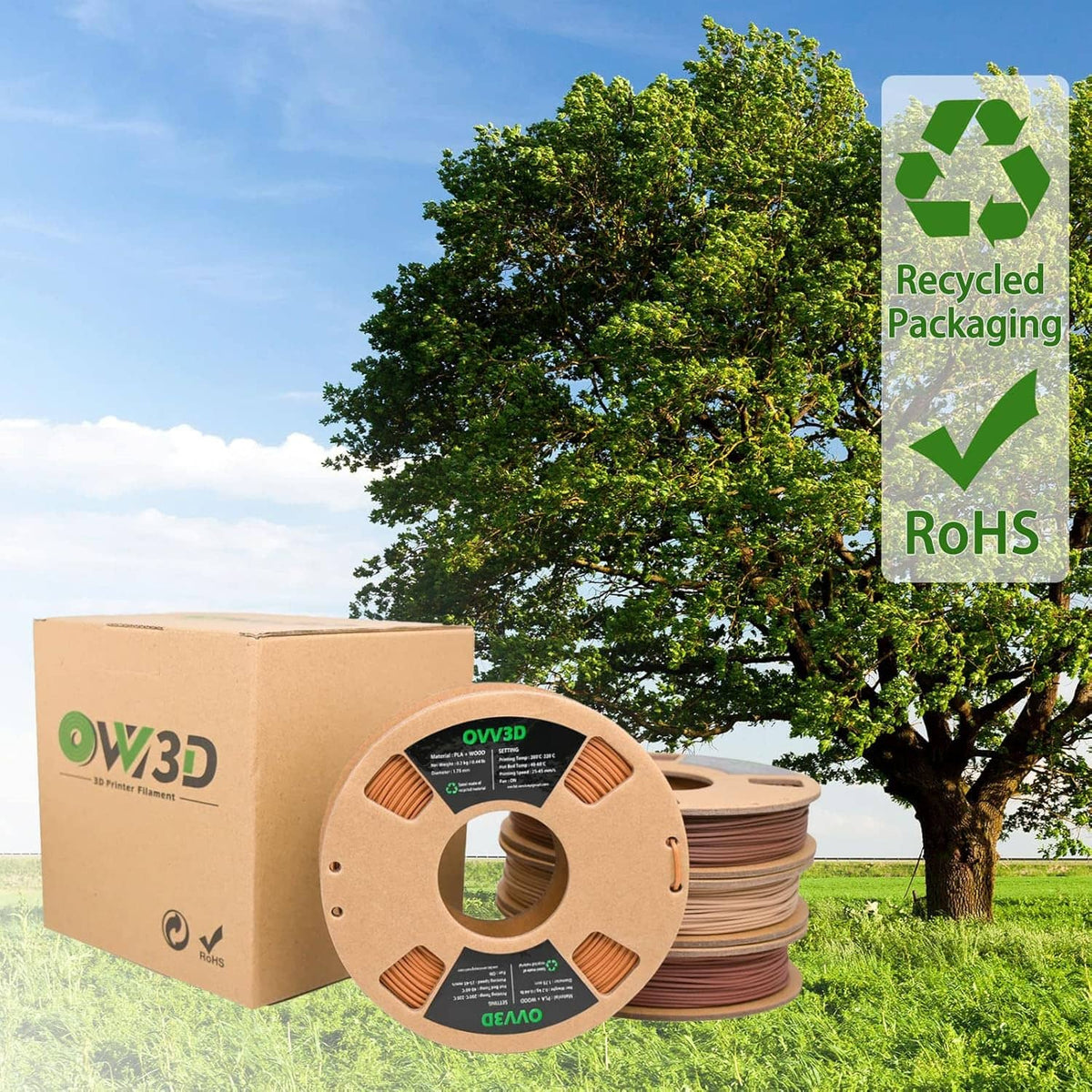 Wood PLA filament spool and cardboard box with recycled packaging symbols