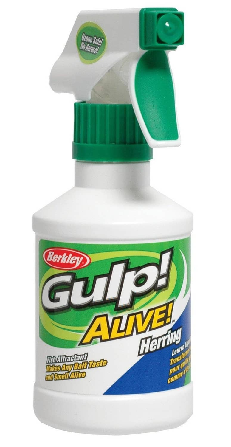 Berkley Gulp Alive herring attractant spray bottle with green trigger, white label