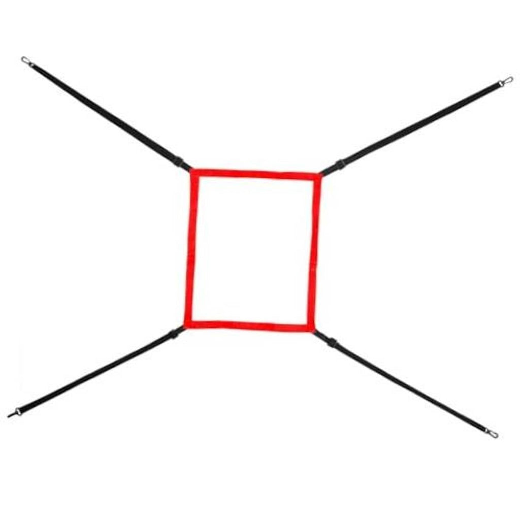 Red square strike-zone target frame with four black support arms for practice