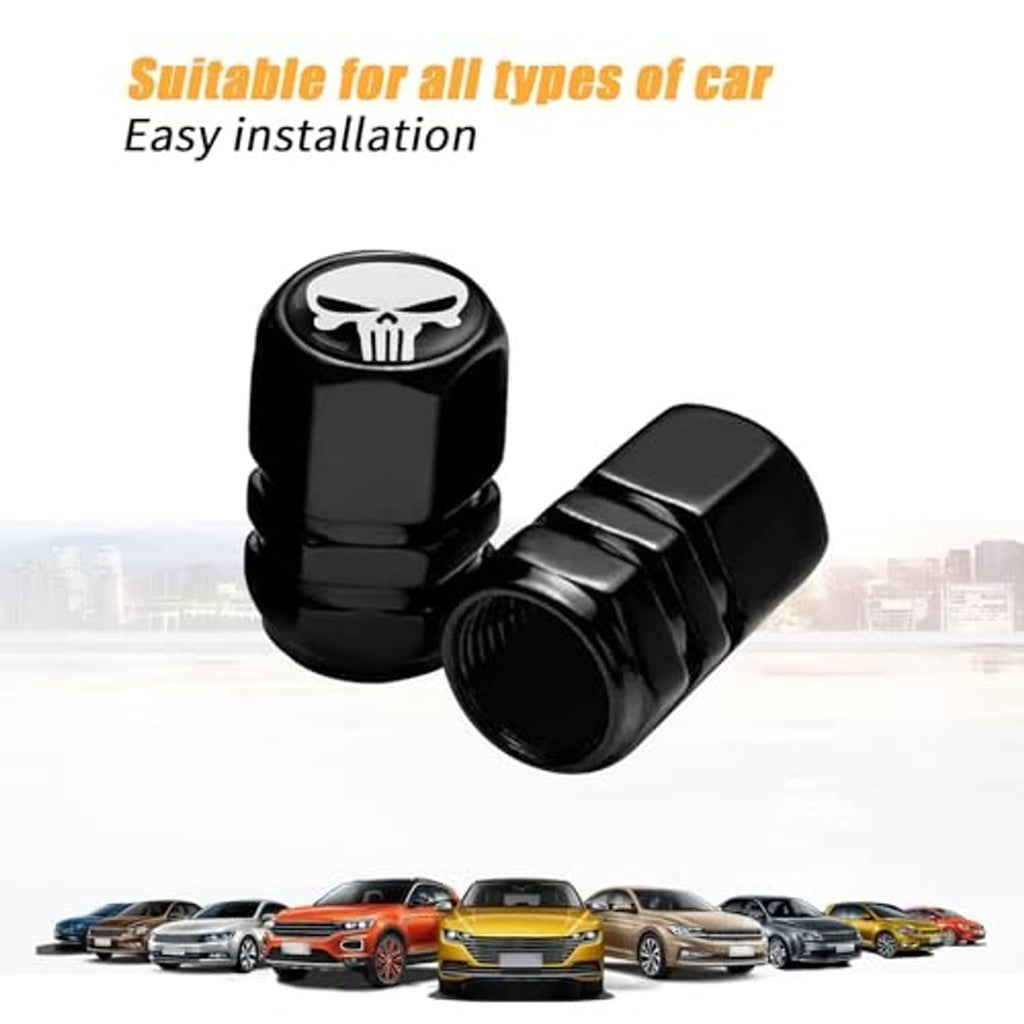 Universal black wheel valve stem caps with white skull emblem, easy-install dust cover