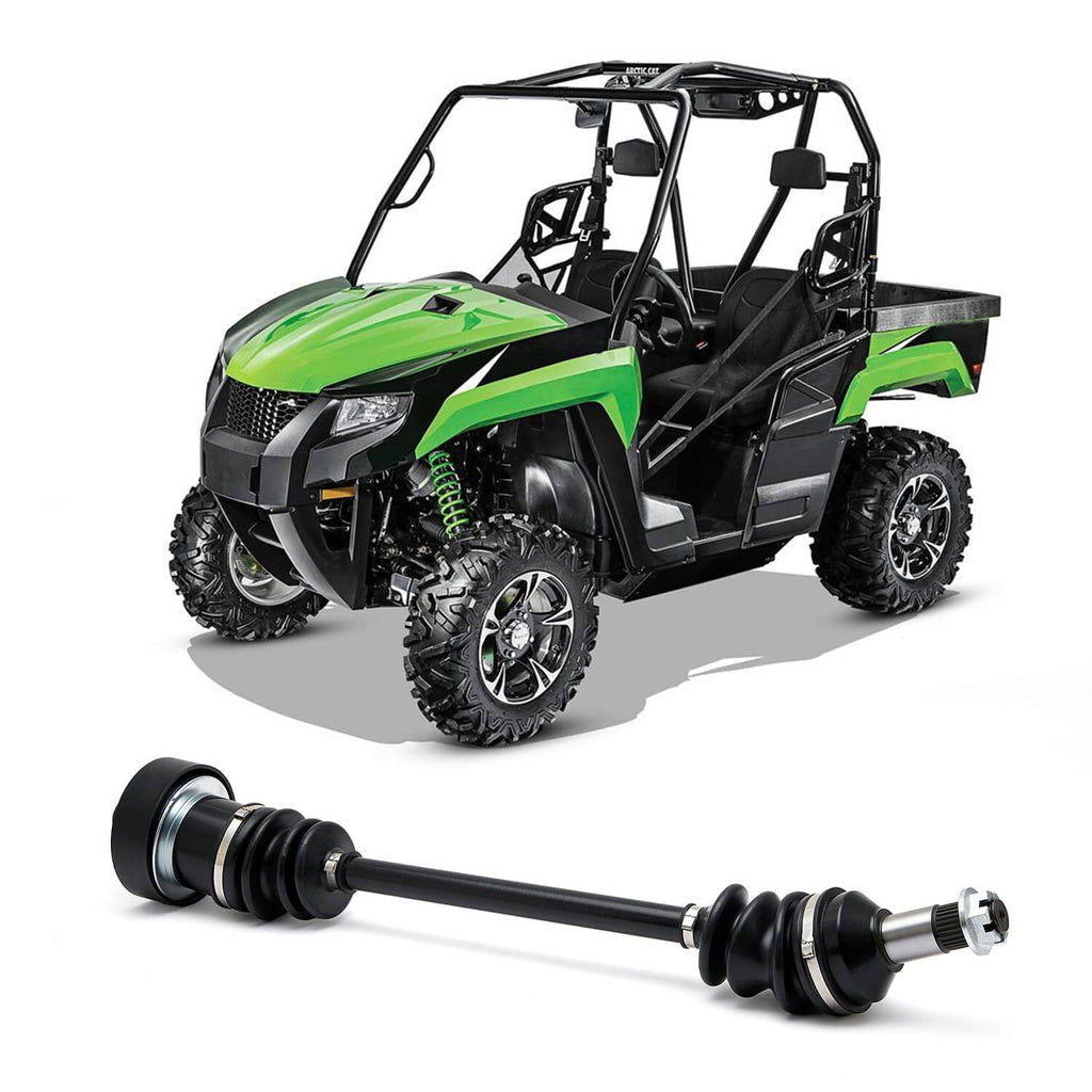 UTV CV axle shaft with black rubber boots and exposed metal splines