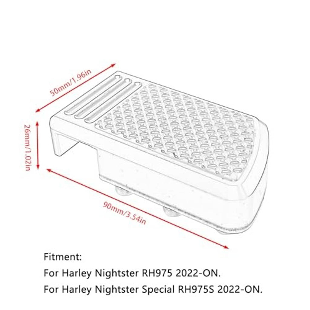 Brake pedal pad dimensions diagram with textured black surface and silver stripes