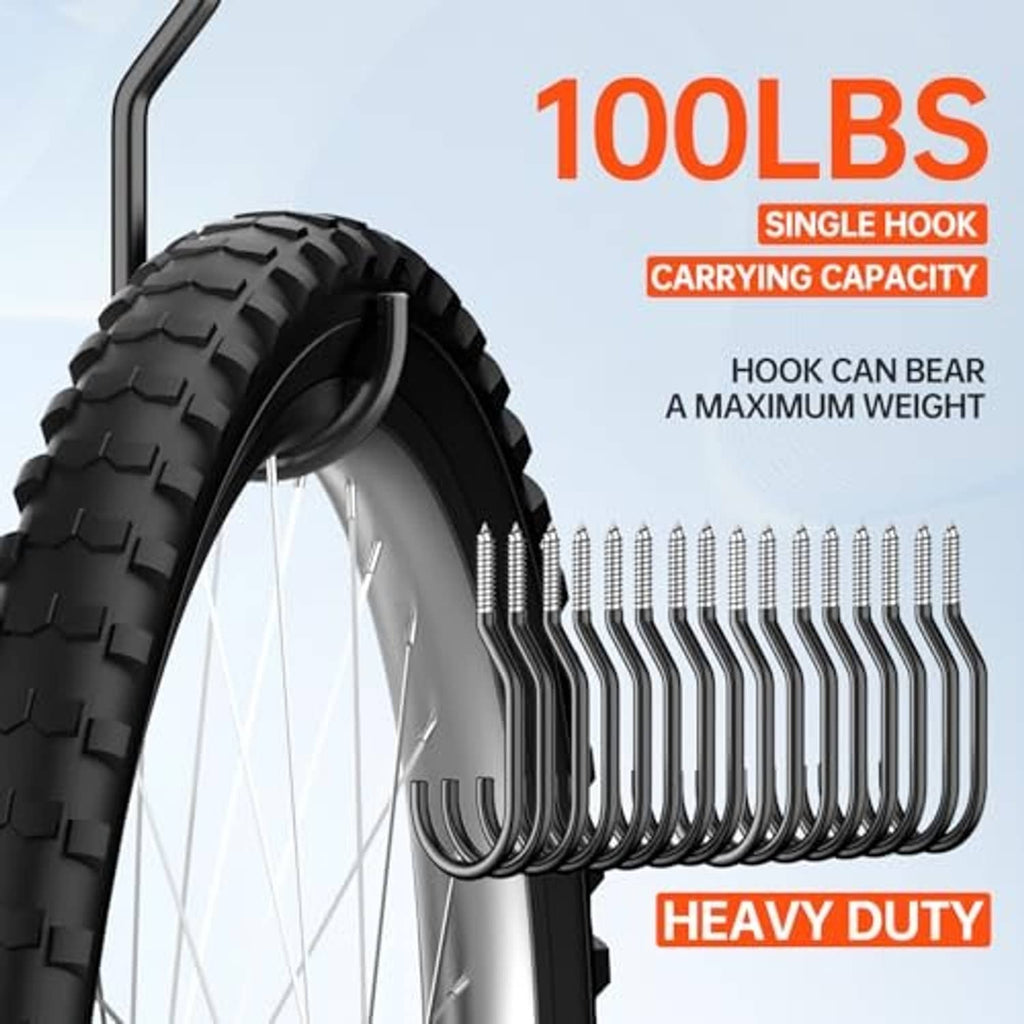 Black heavy-duty bike hook holding a bike wheel, wall storage rack set.