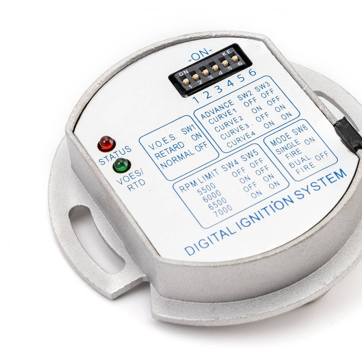 Silver ignition module faceplate with ON switch and mode/curve settings