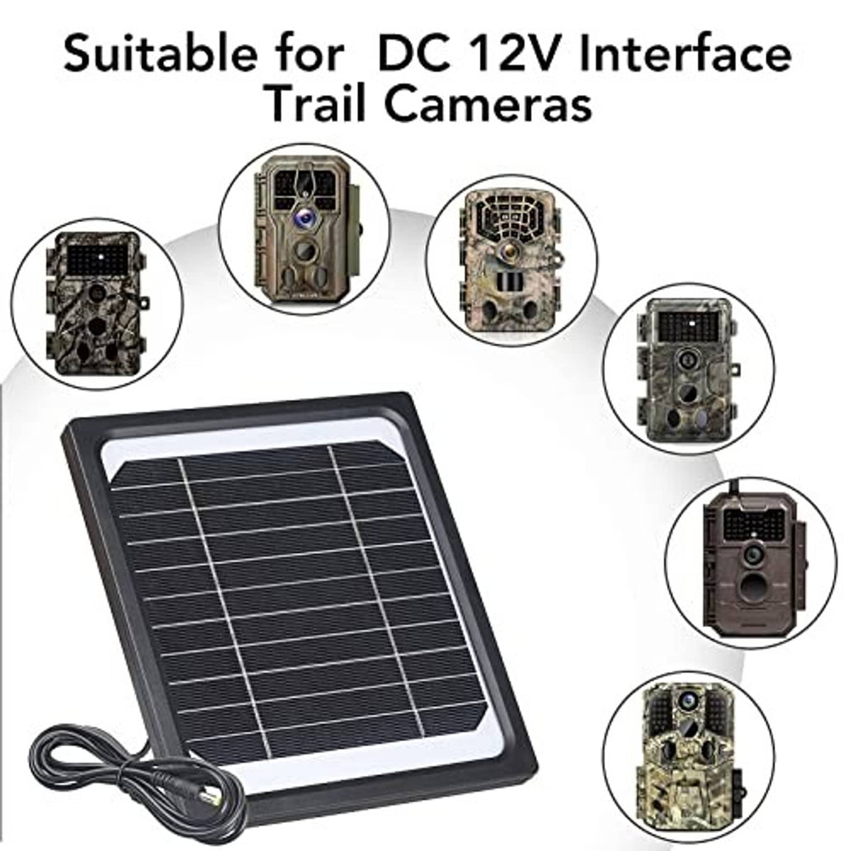 Foldable solar panel with black frame and connected cable for DC 12V devices