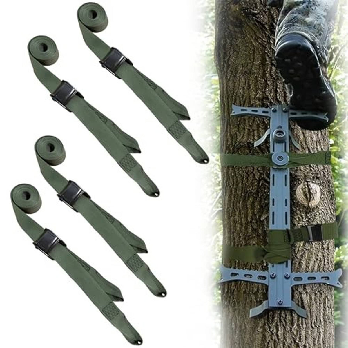Four dark green tree stand stabilizer straps with black cam buckles