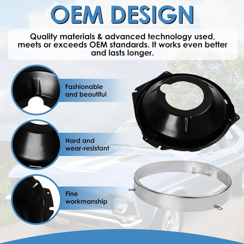 Pair of black headlight buckets with mounting rings; kit designed for durability and finish