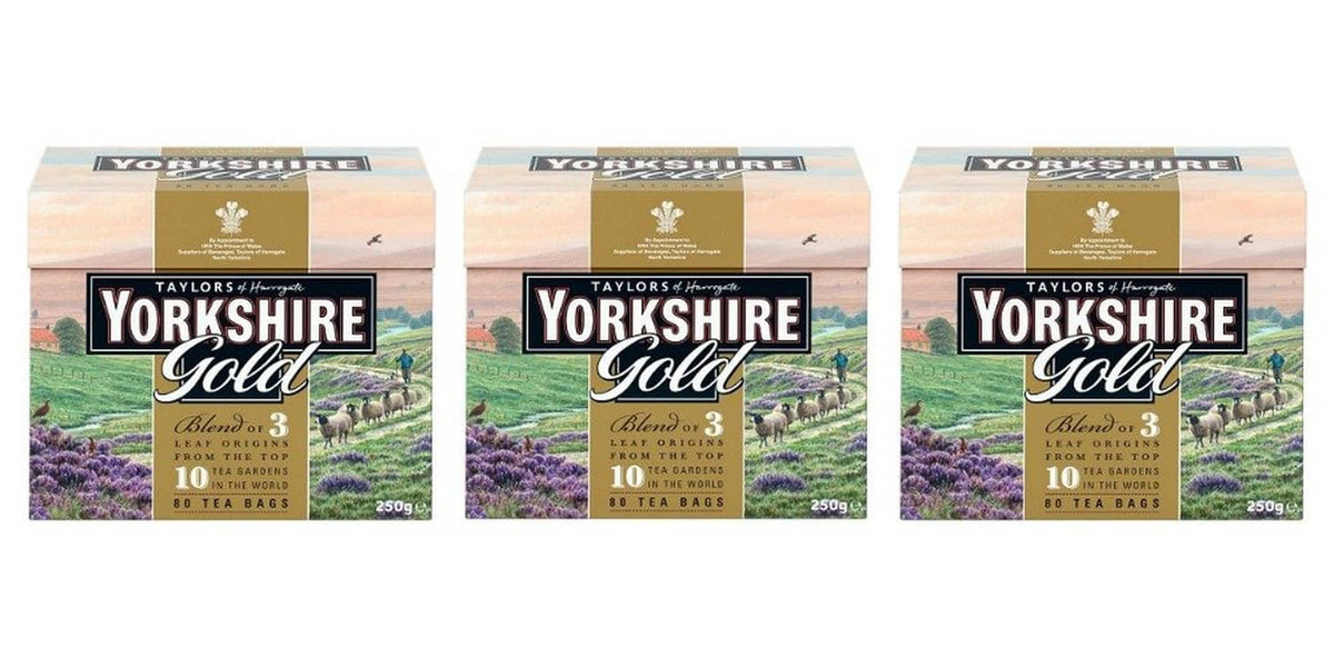 Three Taylors of Harrogate Yorkshire Gold tea boxes, front labels facing forward