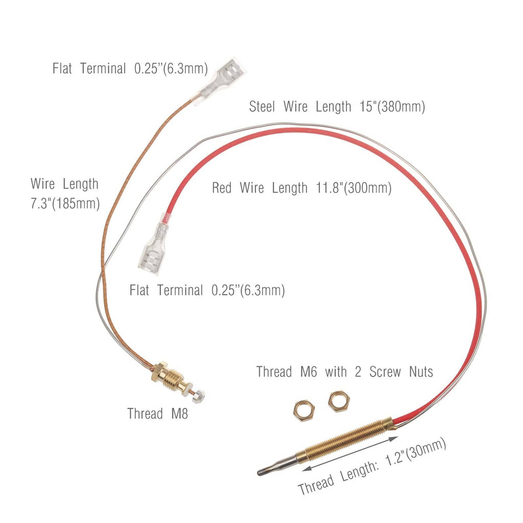 Thermocouple probe with red/brown wires, M6/M8 threads, flat terminals and nuts