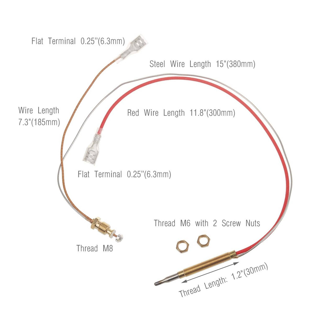 Thermocouple probe with red/brown wires, M6/M8 threads, flat terminals and nuts